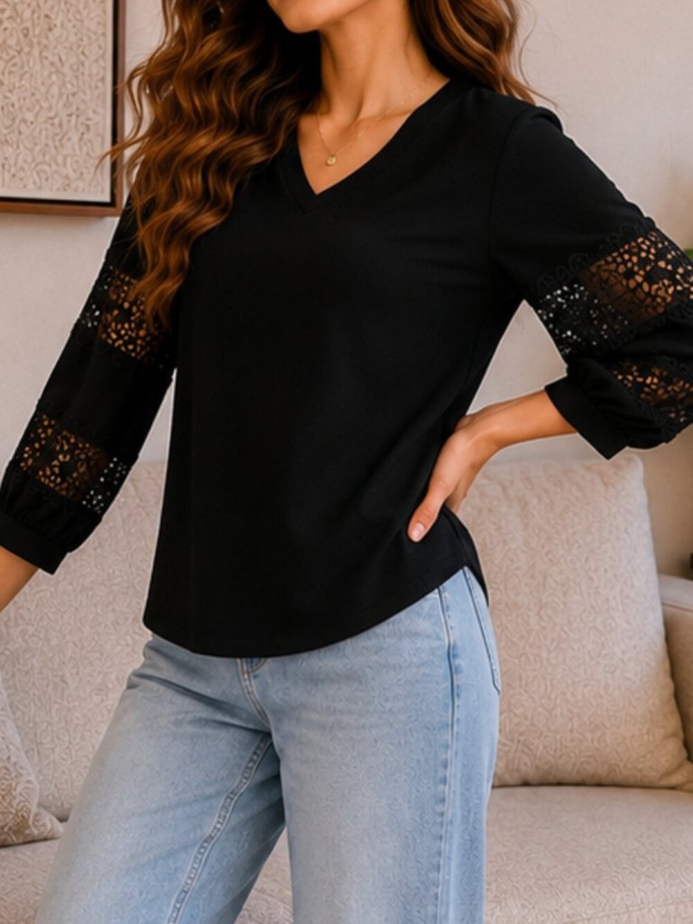 Adrianna Papell Black Floral Lace Inset Balloon Sleeve V Neck  Top L Minimalist